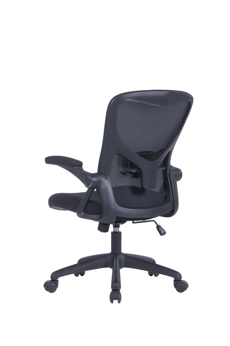 Bürostuhl FLEX / optional mit Kopfstütze / Kunststoff schwarz, Netzstoff schwarz / Wippmechanik / Armlehne klappbar / Lordoseneinstellung / B 62, H 95-103, T 58,5 cm oder B 62, H 111-119, T 66 cm