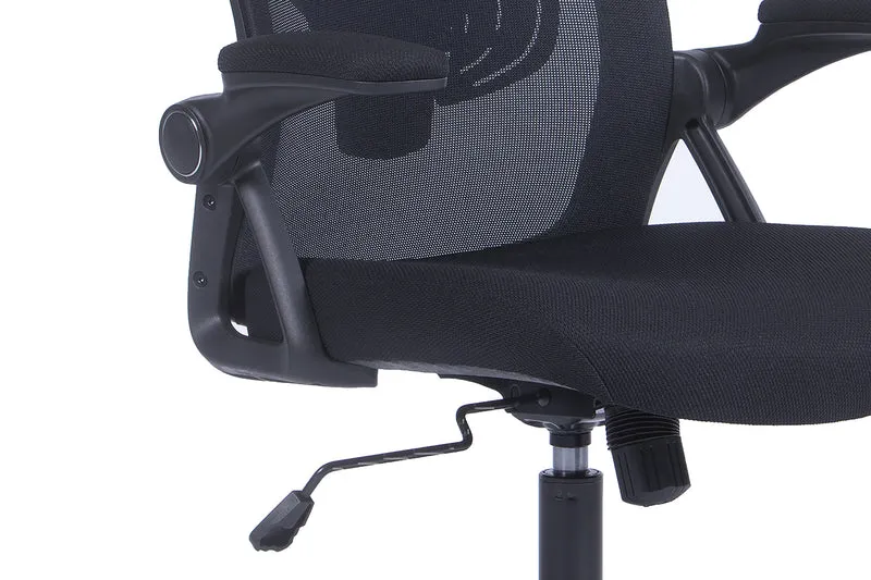 Bürostuhl FLEX / optional mit Kopfstütze / Kunststoff schwarz, Netzstoff schwarz / Wippmechanik / Armlehne klappbar / Lordoseneinstellung / B 62, H 95-103, T 58,5 cm oder B 62, H 111-119, T 66 cm