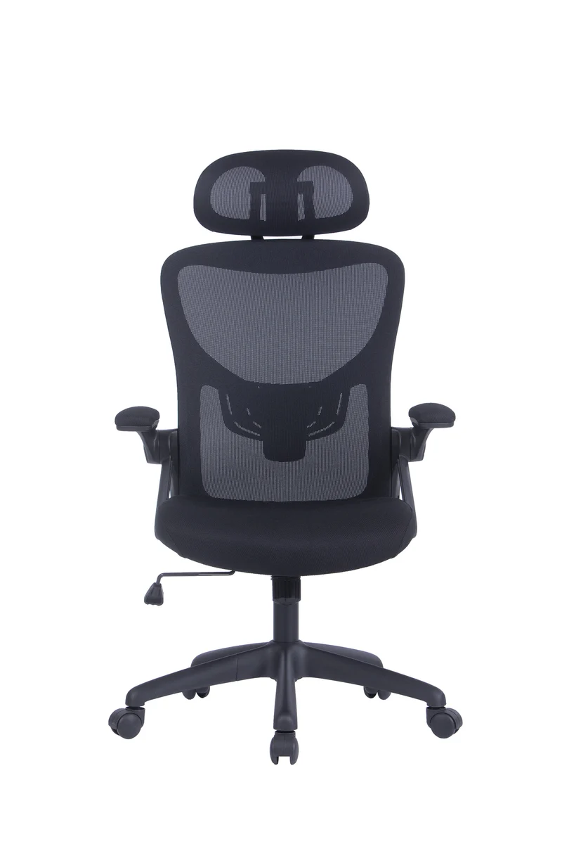 Bürostuhl FLEX / optional mit Kopfstütze / Kunststoff schwarz, Netzstoff schwarz / Wippmechanik / Armlehne klappbar / Lordoseneinstellung / B 62, H 95-103, T 58,5 cm oder B 62, H 111-119, T 66 cm