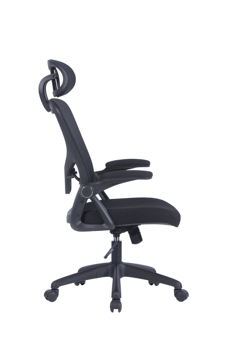 Bürostuhl FLEX / optional mit Kopfstütze / Kunststoff schwarz, Netzstoff schwarz / Wippmechanik / Armlehne klappbar / Lordoseneinstellung / B 62, H 95-103, T 58,5 cm oder B 62, H 111-119, T 66 cm