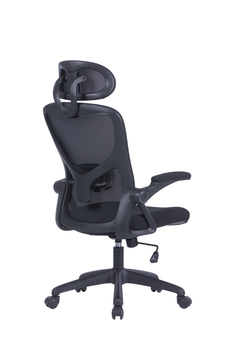 Bürostuhl FLEX / optional mit Kopfstütze / Kunststoff schwarz, Netzstoff schwarz / Wippmechanik / Armlehne klappbar / Lordoseneinstellung / B 62, H 95-103, T 58,5 cm oder B 62, H 111-119, T 66 cm