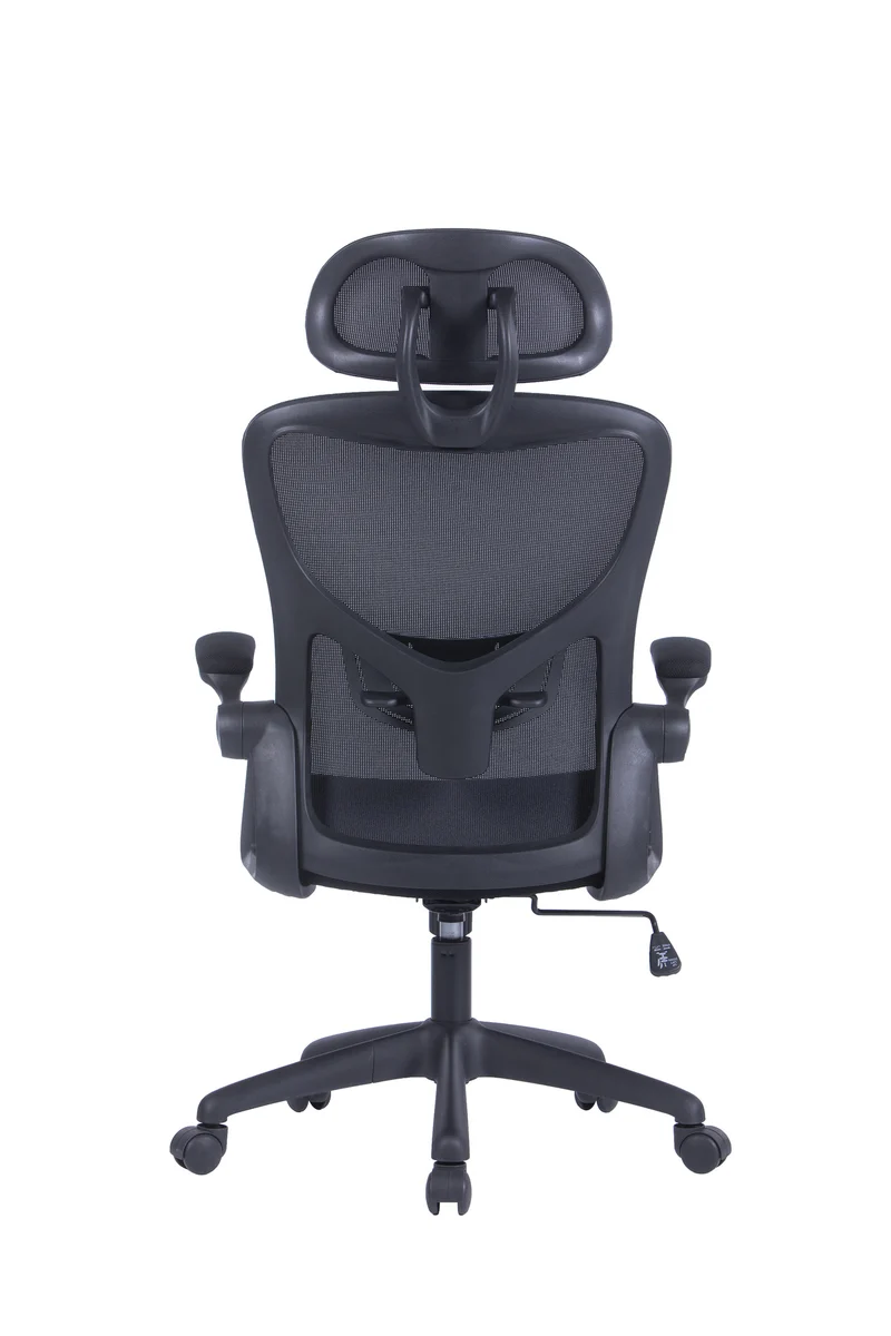 Bürostuhl FLEX / optional mit Kopfstütze / Kunststoff schwarz, Netzstoff schwarz / Wippmechanik / Armlehne klappbar / Lordoseneinstellung / B 62, H 95-103, T 58,5 cm oder B 62, H 111-119, T 66 cm