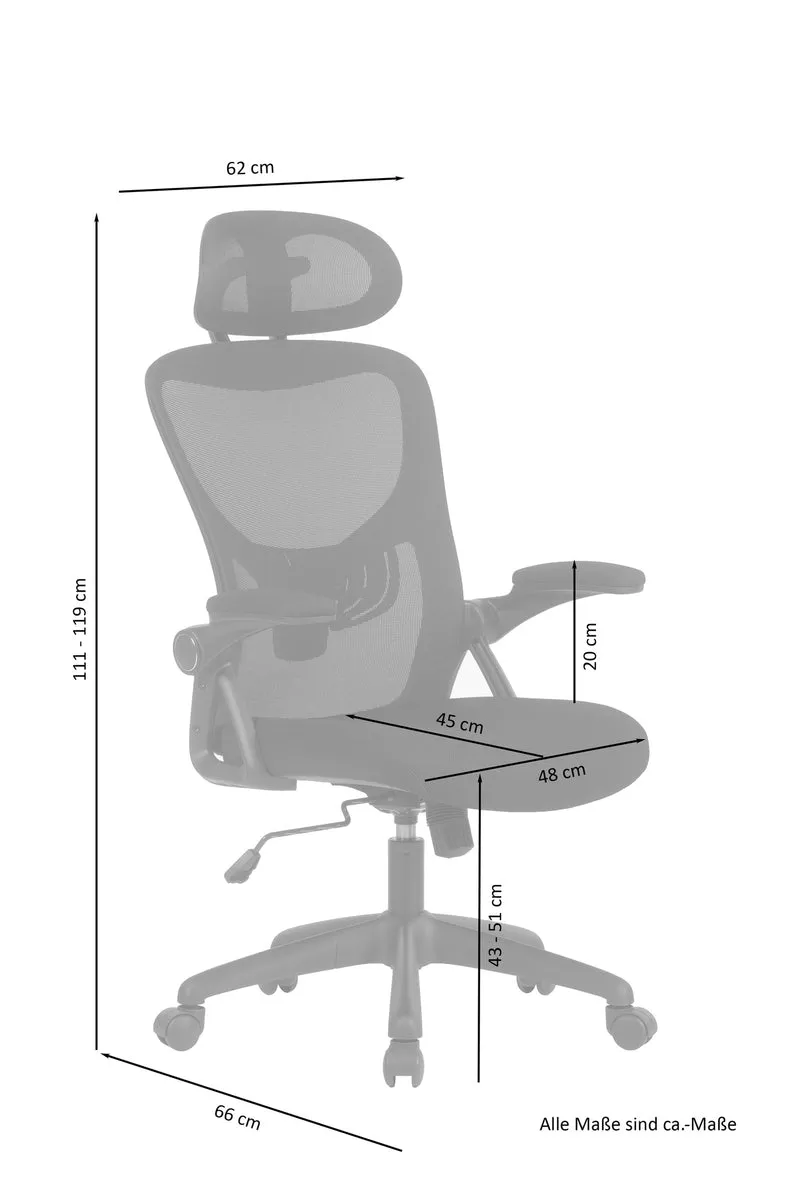 Bürostuhl FLEX / optional mit Kopfstütze / Kunststoff schwarz, Netzstoff schwarz / Wippmechanik / Armlehne klappbar / Lordoseneinstellung / B 62, H 95-103, T 58,5 cm oder B 62, H 111-119, T 66 cm