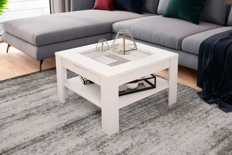 Couchtisch RALPH / moderner Sofatisch mit Glaseinlage und großzügiger Schublade / in Old Wood-Optik, weiß oder Artisan Eiche / Beistelltisch mit viel Stauraum / B 67, H 43, T 67 cm