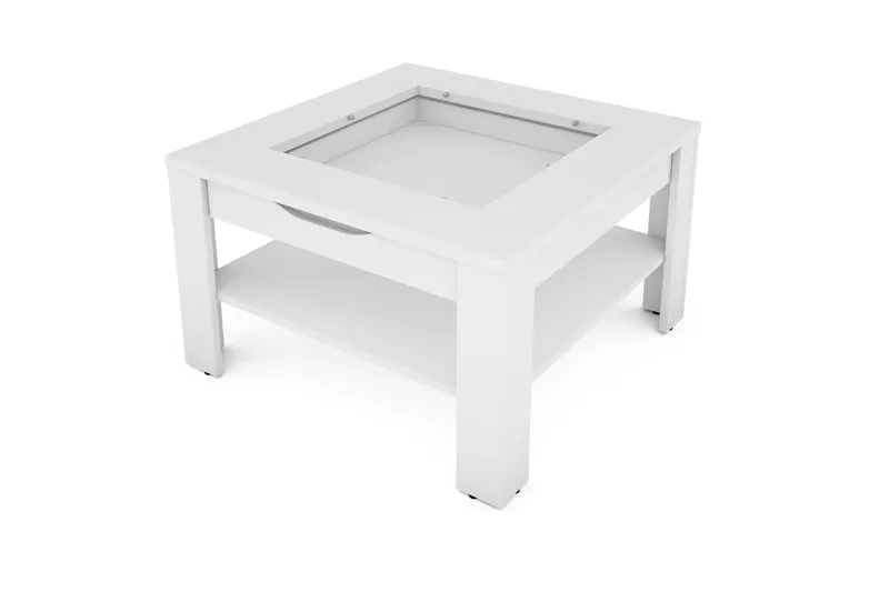 Couchtisch RALPH / moderner Sofatisch mit Glaseinlage und großzügiger Schublade / in Old Wood-Optik, weiß oder Artisan Eiche / Beistelltisch mit viel Stauraum / B 67, H 43, T 67 cm