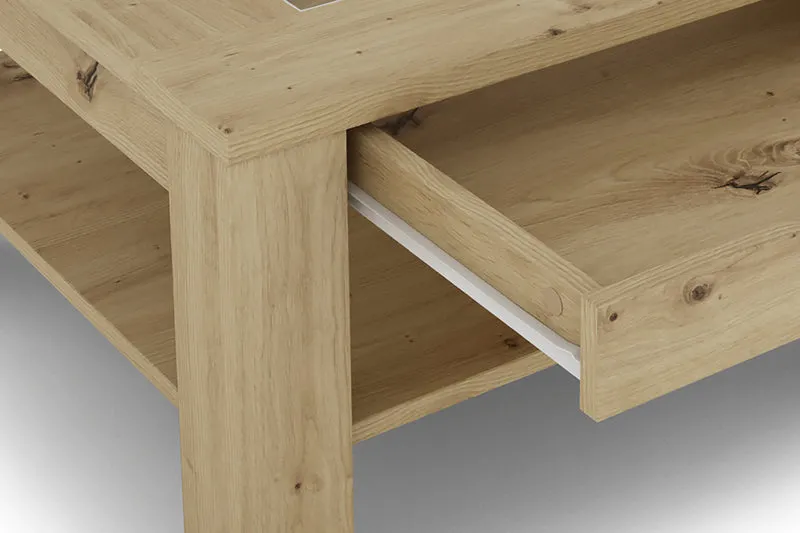 Couchtisch RALPH / moderner Sofatisch mit Glaseinlage und großzügiger Schublade / in Old Wood-Optik, weiß oder Artisan Eiche / Beistelltisch mit viel Stauraum / B 67, H 43, T 67 cm
