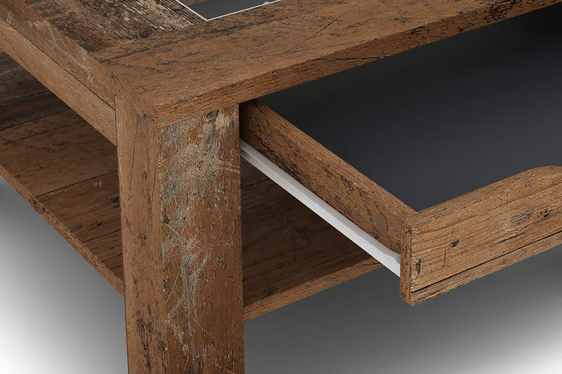 Couchtisch RALPH / moderner Sofatisch mit Glaseinlage und großzügiger Schublade / in Old Wood-Optik, weiß oder Artisan Eiche / Beistelltisch mit viel Stauraum / B 67, H 43, T 67 cm