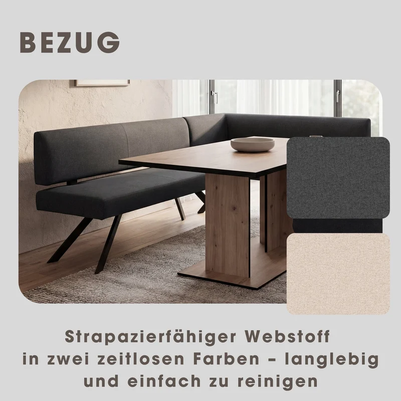 Eckbank TORONTO, Bezug in dunkelgrau oder taupe, Gestell in schwarz, L-Form langer Schenkel links oder rechts, Taschenfederkern, Küchenbank, Speisezimmerbank, Maße: B 182 x 128, H 85 cm oder 128 x 182, H 85 cm