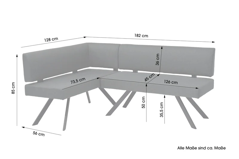 Eckbank TORONTO, Bezug in dunkelgrau oder taupe, Gestell in schwarz, L-Form langer Schenkel links oder rechts, Taschenfederkern, Küchenbank, Speisezimmerbank, Maße: B 182 x 128, H 85 cm oder 128 x 182, H 85 cm