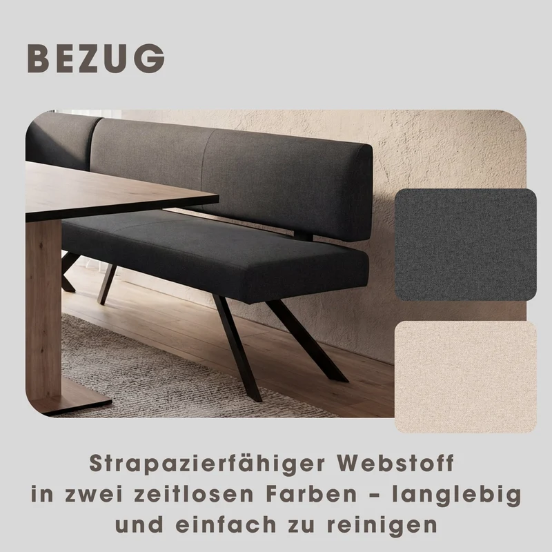 Eckbank TORONTO, Bezug in dunkelgrau oder taupe, Gestell in schwarz, L-Form langer Schenkel links oder rechts, Taschenfederkern, Küchenbank, Speisezimmerbank, Maße: B 182 x 128, H 85 cm oder 128 x 182, H 85 cm