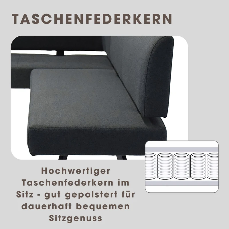 Eckbank TORONTO, Bezug in dunkelgrau oder taupe, Gestell in schwarz, L-Form langer Schenkel links oder rechts, Taschenfederkern, Küchenbank, Speisezimmerbank, Maße: B 182 x 128, H 85 cm oder 128 x 182, H 85 cm