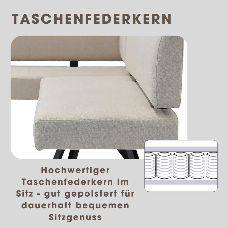 Eckbank TORONTO, Bezug in dunkelgrau oder taupe, Gestell in schwarz, L-Form langer Schenkel links oder rechts, Taschenfederkern, Küchenbank, Speisezimmerbank, Maße: B 182 x 128, H 85 cm oder 128 x 182, H 85 cm