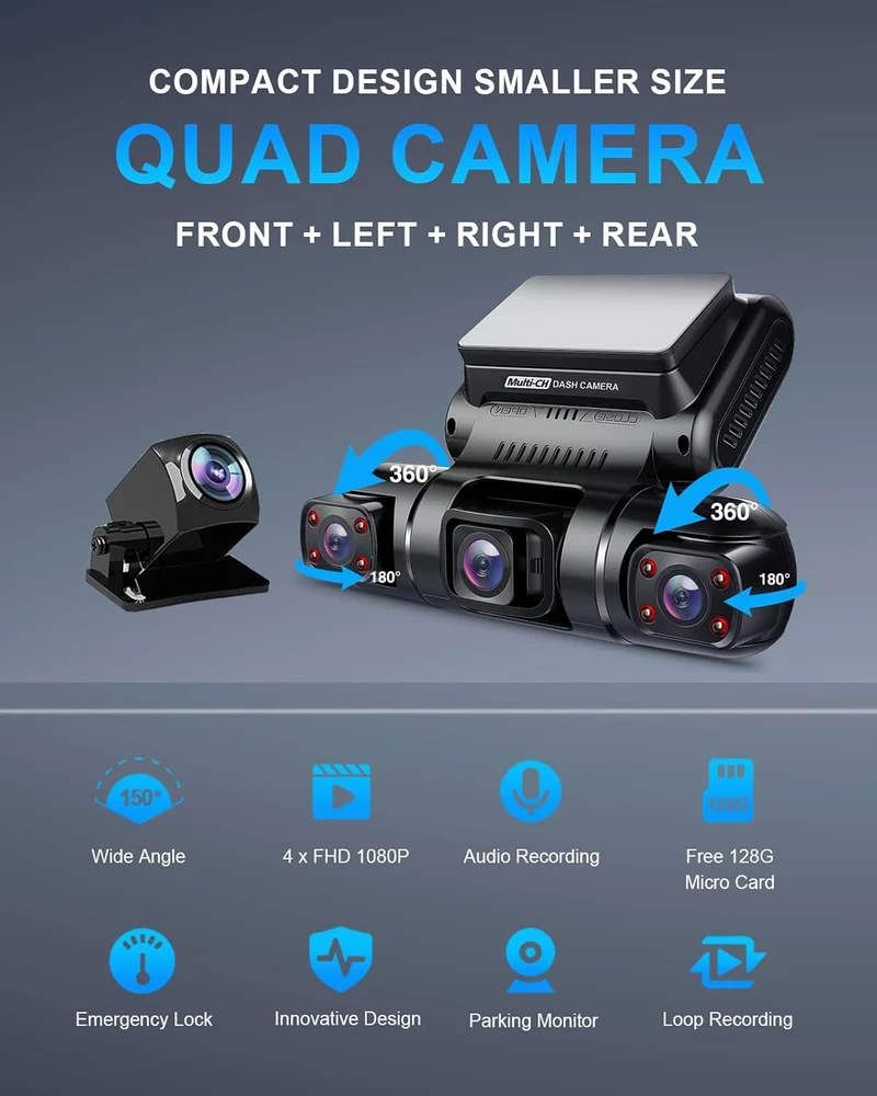 PRUVEEO 360 Degree View Dash Camera for Cars, Built-in GPS, WiFi, Night Vision, 24/7 Recording Parking Mode Monitor, Free 128G Card