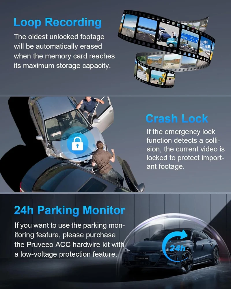 PRUVEEO 360 Degree View Dash Camera for Cars, Built-in GPS, WiFi, Night Vision, 24/7 Recording Parking Mode Monitor, Free 128G Card