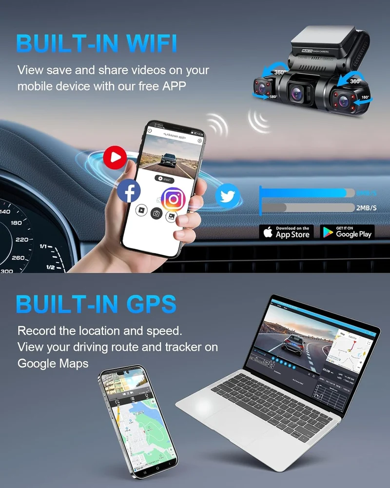 PRUVEEO 360 Degree View Dash Camera for Cars, Built-in GPS, WiFi, Night Vision, 24/7 Recording Parking Mode Monitor, Free 128G Card