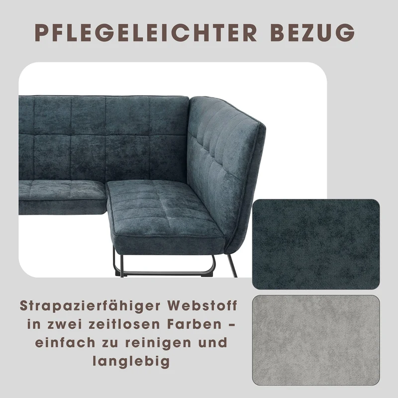 Eckbank TALEA / Webstoffbezug in dunkelgrau oder hellgrau, Gestell in schwarz / Große Eckbank L-Form, Langer Schenkel links oder rechts, komfortable Nosaqfederung / Sitzbank / Essbank / Maße: 168 x 128, H 93,5 oder 128 x 168, H 93,5 cm