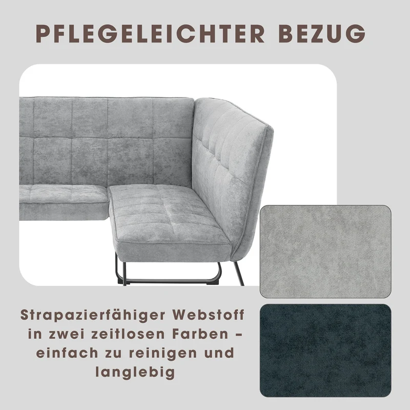 Eckbank TALEA / Webstoffbezug in dunkelgrau oder hellgrau, Gestell in schwarz / Große Eckbank L-Form, Langer Schenkel links oder rechts, komfortable Nosaqfederung / Sitzbank / Essbank / Maße: 168 x 128, H 93,5 oder 128 x 168, H 93,5 cm