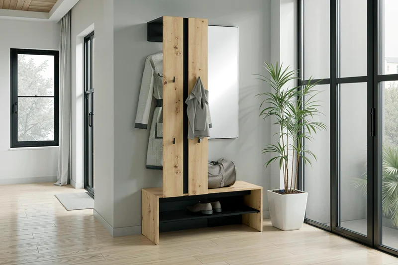 Kompaktgarderobe NANTE / Artisan Eiche (Eiche-Optik) oder weiß, Absetzung in schwarz / Spiegel, Kleiderstange, offene Fächer / Garderobenmöbel / Flurgarderobe / Maße: B 100, H 186, T 40 cm