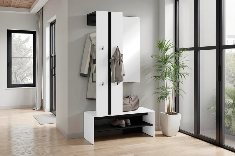 Kompaktgarderobe NANTE / Artisan Eiche (Eiche-Optik) oder weiß, Absetzung in schwarz / Spiegel, Kleiderstange, offene Fächer / Garderobenmöbel / Flurgarderobe / Maße: B 100, H 186, T 40 cm