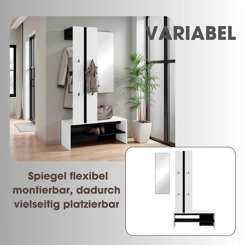 Kompaktgarderobe NANTE / Artisan Eiche (Eiche-Optik) oder weiß, Absetzung in schwarz / Spiegel, Kleiderstange, offene Fächer / Garderobenmöbel / Flurgarderobe / Maße: B 100, H 186, T 40 cm