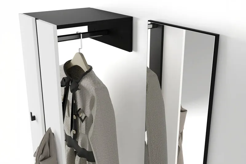 Kompaktgarderobe NANTE / Artisan Eiche (Eiche-Optik) oder weiß, Absetzung in schwarz / Spiegel, Kleiderstange, offene Fächer / Garderobenmöbel / Flurgarderobe / Maße: B 100, H 186, T 40 cm