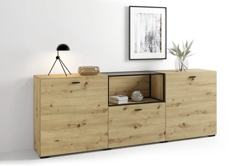 Sideboard FRAME / Artisan Eiche (Eiche-Optik) / Fach mit Metallrahmen und Glasablage, verstellbare Böden / Anrichte / Kommode / Maße: B 200, H 75,5, T 37,5 cm