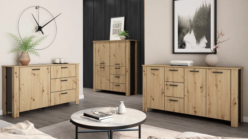Higboard FARO / Artisan Eiche (Eiche-Optik) oder weiß, Absetzung in schwarz / Stollenoptik / 3 Türen und 3 Schubkästen / verstellbare Einlegeböden / viel Stauraum / Sideboard / Kommode / Maße: B 160, H 84, T 40 cm