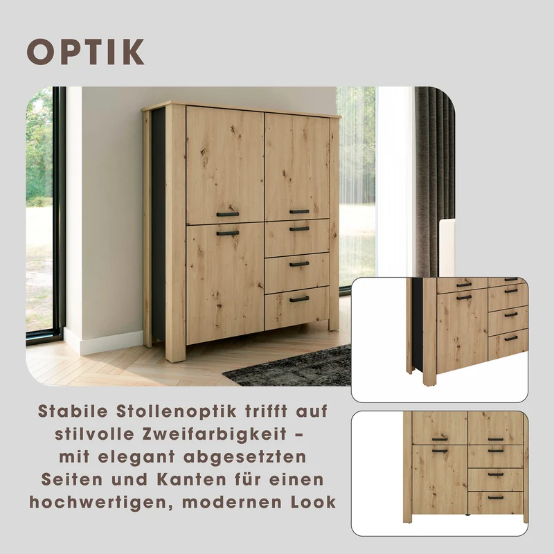 Higboard FARO / Artisan Eiche (Eiche-Optik) oder weiß, Absetzung in schwarz / Stollenoptik / 3 Türen und 3 Schubkästen / verstellbare Einlegeböden / viel Stauraum / Sideboard / Kommode / Maße: B 160, H 84, T 40 cm