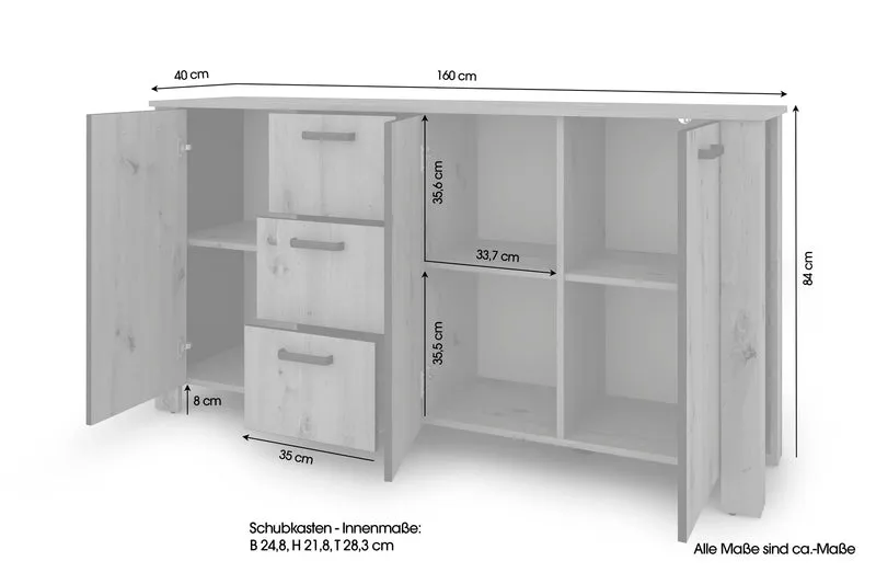 Sideboard FARO / Artisan Eiche (Eiche-Optik) oder weiß, Absetzung in schwarz / Stollenoptik / 3 Türen und 3 Schubkästen / verstellbare Einlegeböden / viel Stauraum / Kommode / Anrichte / Maße: B 160, H 84, T 40 cm