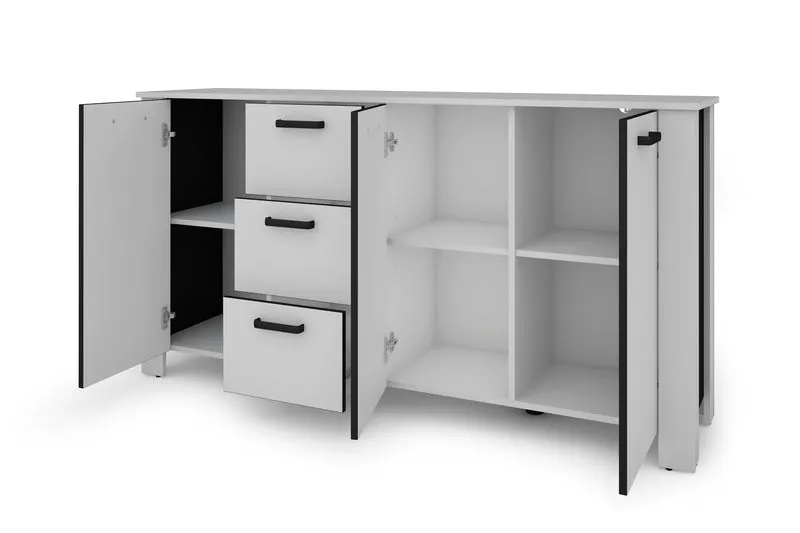 Sideboard FARO / Artisan Eiche (Eiche-Optik) oder weiß, Absetzung in schwarz / Stollenoptik / 3 Türen und 3 Schubkästen / verstellbare Einlegeböden / viel Stauraum / Kommode / Anrichte / Maße: B 160, H 84, T 40 cm