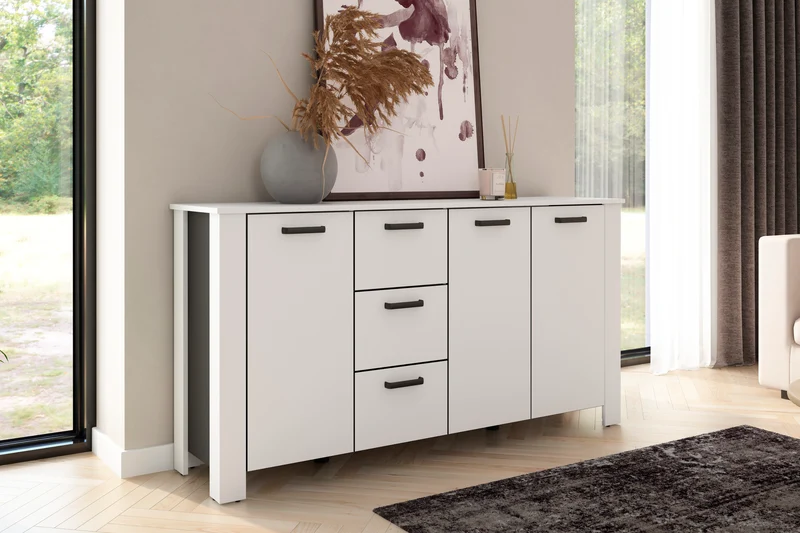 Sideboard FARO / Artisan Eiche (Eiche-Optik) oder weiß, Absetzung in schwarz / Stollenoptik / 3 Türen und 3 Schubkästen / verstellbare Einlegeböden / viel Stauraum / Kommode / Anrichte / Maße: B 160, H 84, T 40 cm