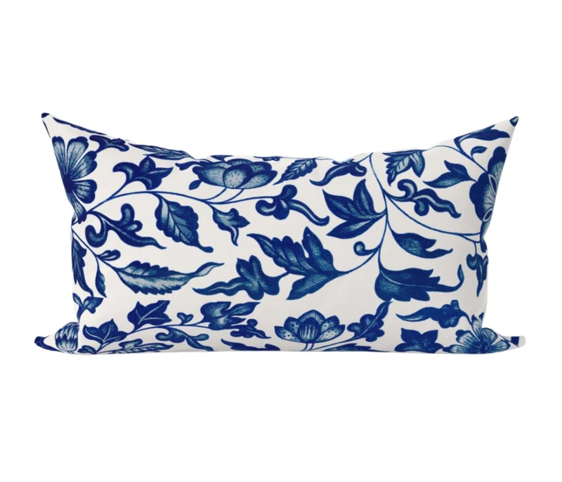 Blue Lumbar Floral Pillow, Designer Blue and White Floral Pillow, Modern Floral Throw Pillow Cover