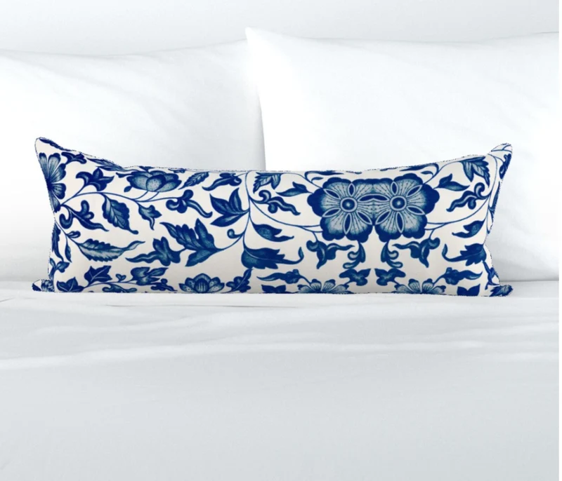 Blue Lumbar Floral Pillow, Designer Blue and White Floral Pillow, Modern Floral Throw Pillow Cover