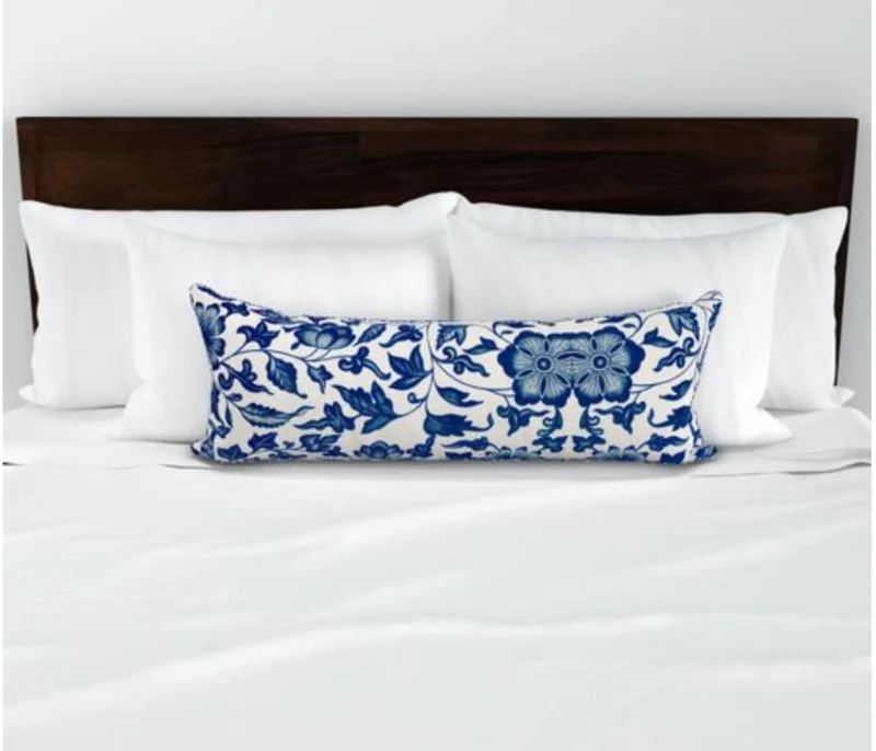 Blue Lumbar Floral Pillow, Designer Blue and White Floral Pillow, Modern Floral Throw Pillow Cover