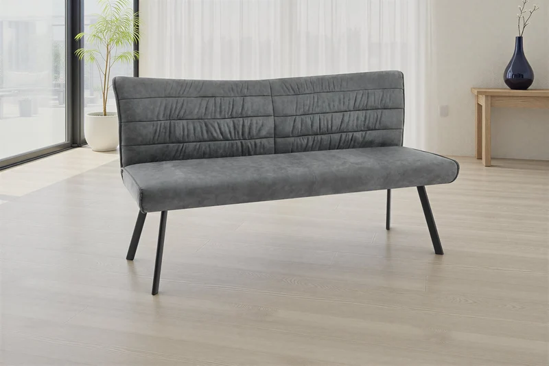 Bank ROBBIE / Vintage Bezug in anthrazit, Gestell in schwarz / Steppung im Rücken und umlaufender Keder, Taschenfederkern für hohen Sitzkomfort / Sitzbank, Esszimmerbank / Maße: B 161, H 90, T 63 cm