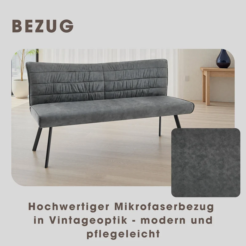 Bank ROBBIE / Vintage Bezug in anthrazit, Gestell in schwarz / Steppung im Rücken und umlaufender Keder, Taschenfederkern für hohen Sitzkomfort / Sitzbank, Esszimmerbank / Maße: B 161, H 90, T 63 cm