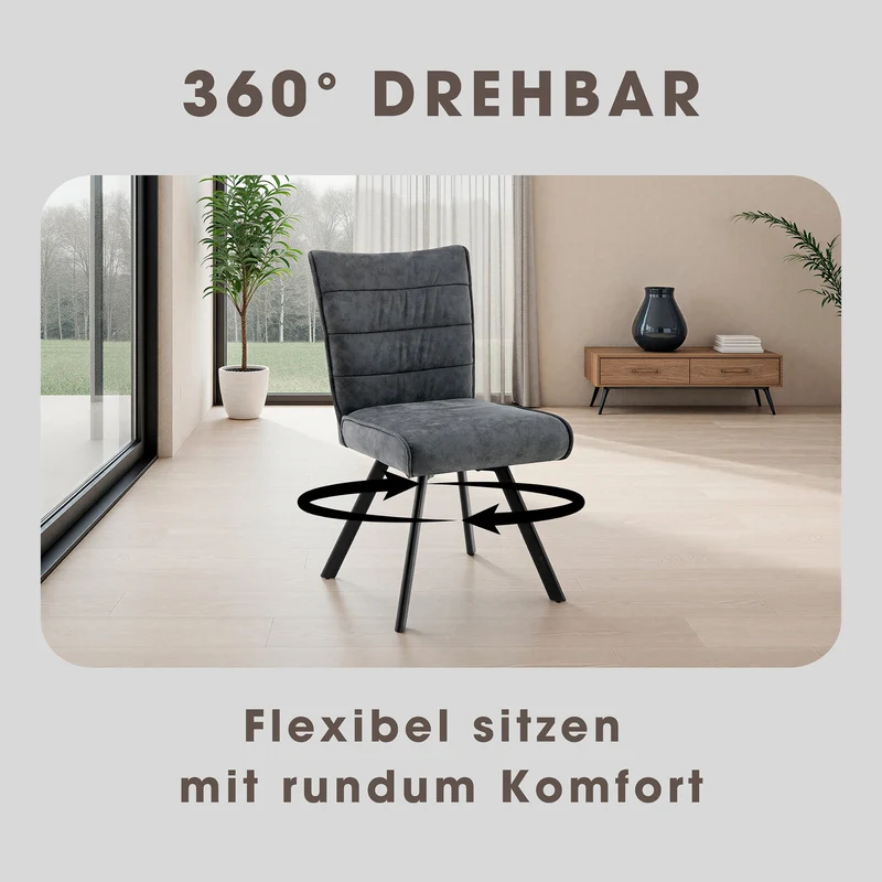 Stuhl 2-er Set ROBBIE / Bezug in anthrazit, Gestell in schwarz / 360° drehbar & Taschenfederkern / Esszimmerstuhl / Polsterstuhl / B 48 x H 89,5 x T 63,5 cm