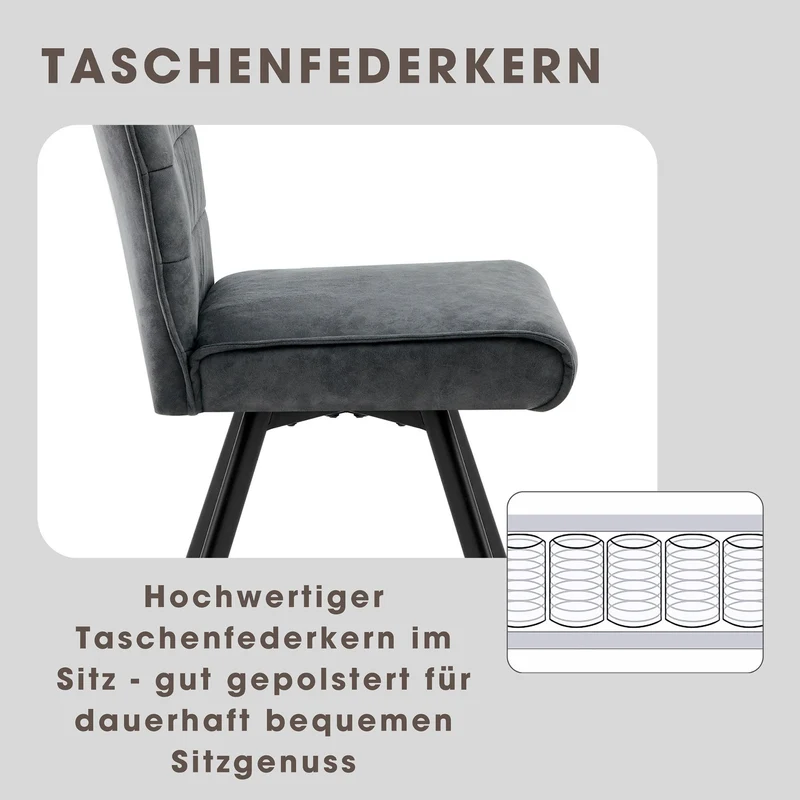 Stuhl 2-er Set ROBBIE / Bezug in anthrazit, Gestell in schwarz / 360° drehbar & Taschenfederkern / Esszimmerstuhl / Polsterstuhl / B 48 x H 89,5 x T 63,5 cm