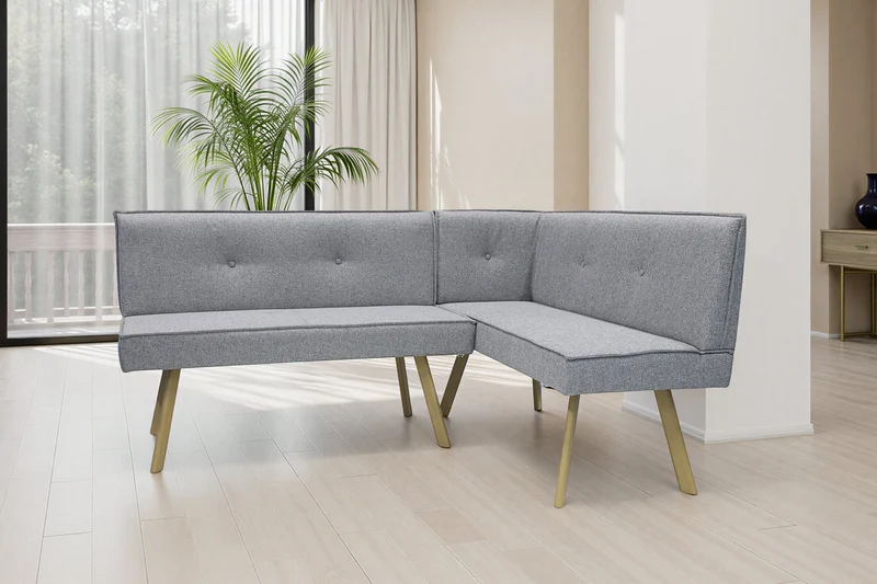 Eckbank OTTAWA, langer Schenkel links oder rechts, hellgrau, Eiche natur, umlaufender Keder und Zierknöpfe, Sitzbank, Eckbank, Maße: 183 x 129, H 88, T 56 oder 129 x 183, H 88, T 56 cm
