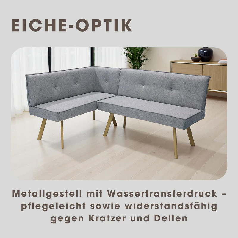 Eckbank OTTAWA, langer Schenkel links oder rechts, hellgrau, Eiche natur, umlaufender Keder und Zierknöpfe, Sitzbank, Eckbank, Maße: 183 x 129, H 88, T 56 oder 129 x 183, H 88, T 56 cm