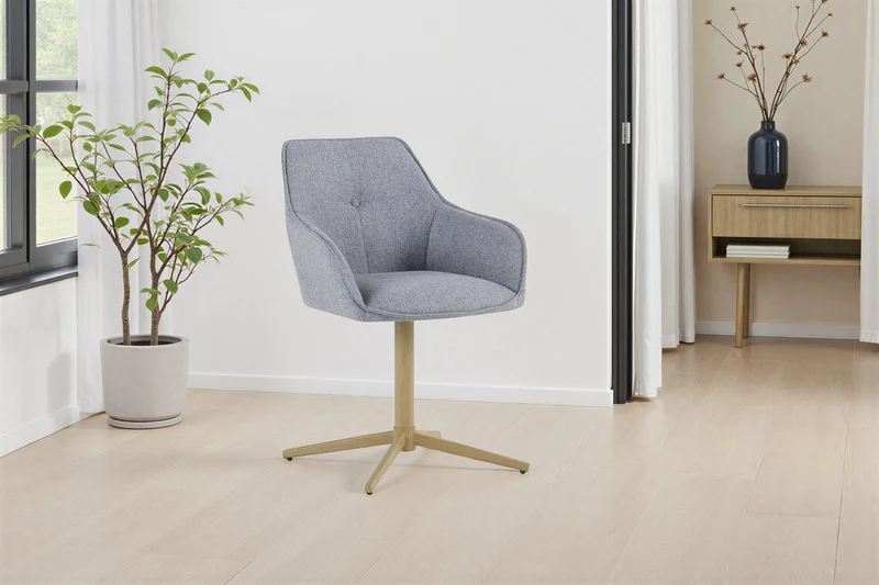Stuhl 2er Set OTTAWA, Webstoff hellgrau, Metall eichefarbig, 360° drehbar mit Armlehnen, Esszimmerstuhl, Polsterstuhl, Maße: B 62, H 84,5, T 58 cm