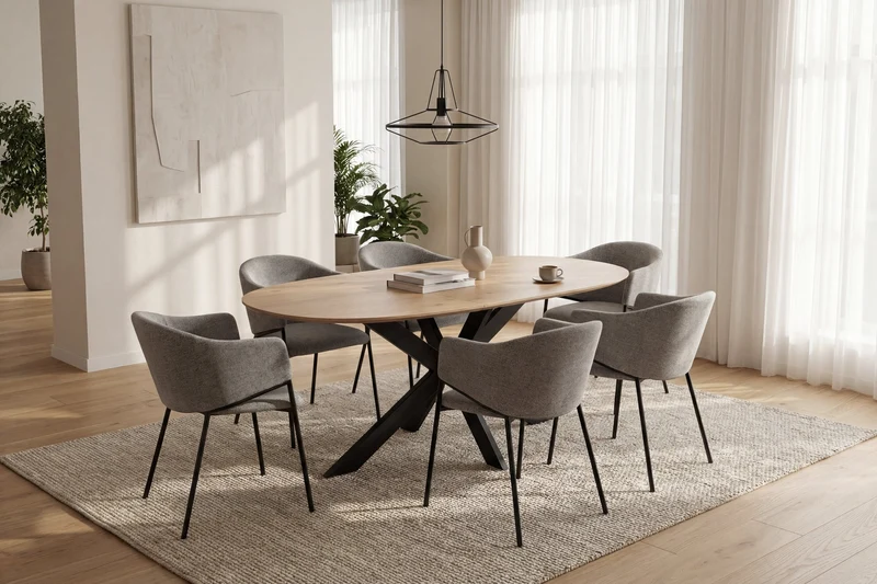 Ausziehbarer Esstisch 140x90 cm, erweiterbar auf 180 cm Mittelauszug Butterfly Funktion, Ovaler Tisch Esszimmer, Eiche Optik, Metallfuß Schwarz stabil, Maße: 140-180 x 90, H 75 cm