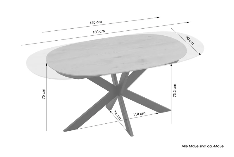 Ausziehbarer Esstisch 140x90 cm, erweiterbar auf 180 cm Mittelauszug Butterfly Funktion, Ovaler Tisch Esszimmer, Eiche Optik, Metallfuß Schwarz stabil, Maße: 140-180 x 90, H 75 cm