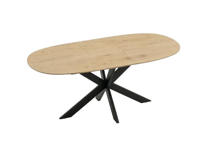 Ausziehbarer Esstisch 140x90 cm, erweiterbar auf 180 cm Mittelauszug Butterfly Funktion, Ovaler Tisch Esszimmer, Eiche Optik, Metallfuß Schwarz stabil, Maße: 140-180 x 90, H 75 cm