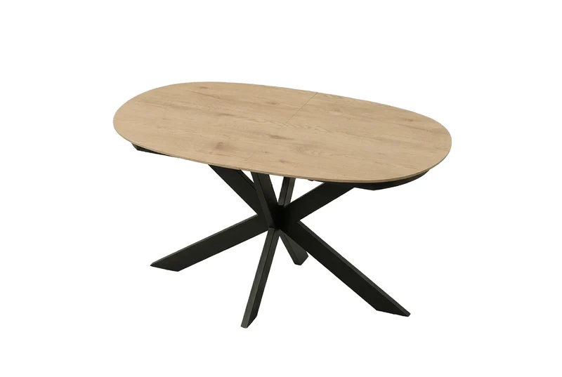 Ausziehbarer Esstisch 140x90 cm, erweiterbar auf 180 cm Mittelauszug Butterfly Funktion, Ovaler Tisch Esszimmer, Eiche Optik, Metallfuß Schwarz stabil, Maße: 140-180 x 90, H 75 cm