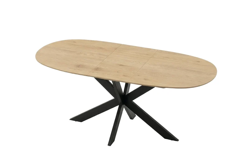 Ausziehbarer Esstisch 140x90 cm, erweiterbar auf 180 cm Mittelauszug Butterfly Funktion, Ovaler Tisch Esszimmer, Eiche Optik, Metallfuß Schwarz stabil, Maße: 140-180 x 90, H 75 cm