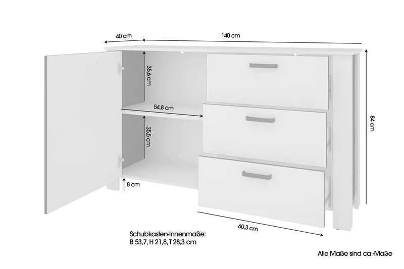 Sideboard FARO / Artisan Eiche (Eiche-Optik) oder weiß, Absetzung in schwarz / 1 Tür und 3 Schubkästen / verstellbare Einlegeböden / viel Stauraum / Kommode / Anrichte / Maße: B 140, H 84, T 40 cm
