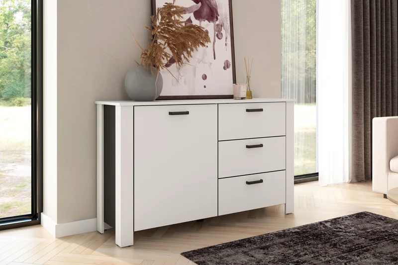 Sideboard FARO / Artisan Eiche (Eiche-Optik) oder weiß, Absetzung in schwarz / 1 Tür und 3 Schubkästen / verstellbare Einlegeböden / viel Stauraum / Kommode / Anrichte / Maße: B 140, H 84, T 40 cm