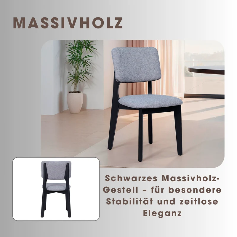 Esszimmerstuhl 2er Set ELSA / Webstoff beige oder grau / Gestell Massivholz schwarz / B 48, H 87, T 54 cm
