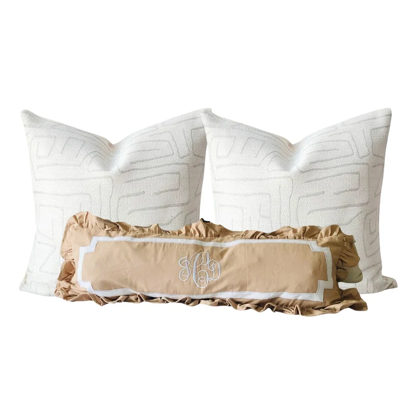 Long Monogrammed Pillows, Monogrammed Ruffle Beige Bed Decor